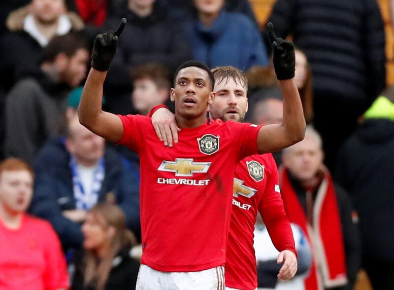 Manchester United's Anthony Martial celebrates scoring their fifth goal. Reuters