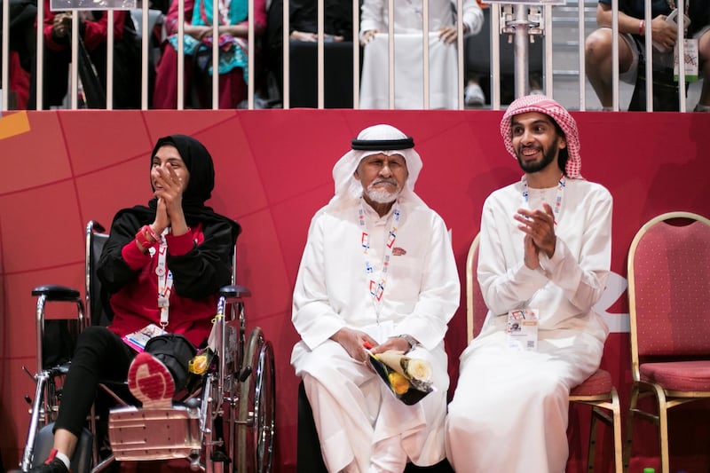 ABU DHABI, UNITED ARAB EMIRATES - March 20 2019.

UAE spectators cheer their teammates at the badminton double division tournament at the Special Olympics World Games in ADNEC.


 (Photo by Reem Mohammed/The National)

Reporter: 
Section:  NA