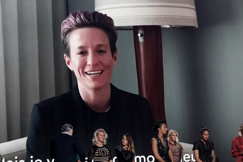 US player Megan Rapinoe is connected via video link as she is announced 2019 Women's Ballon d'Or winner during the ceremony at Theatre du Chatelet in Paris, France, December, 2 2019.  EPA/YOAN VALAT