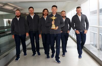 (L-R)Shane Lowry, Bernd Wiesberger, Tommy Fleetwood, captain Padraig Harrington, Tyrrell Hatton and Lee Westwood at Heathrow Airport on their way to Wisconsin for the Ryder Cup. Getty Images