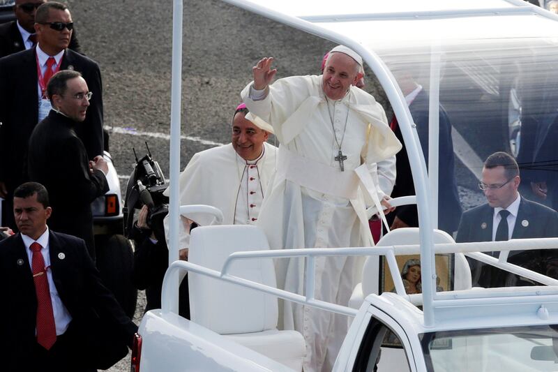 Pope Francis arrives in the pope mobile to attend the opening ceremony for World Youth Day. Reuters