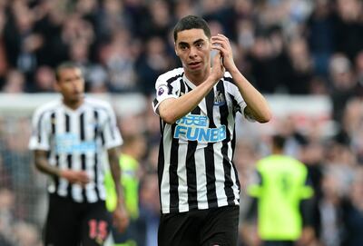 NEWCASTLE UPON TYNE, ENGLAND - FEBRUARY 23:  Miguel Almiron of Newcastle United applauds fans during the Premier League match between Newcastle United and Huddersfield Town at St. James Park on February 23, 2019 in Newcastle upon Tyne, United Kingdom. (Photo by Mark Runnacles/Getty Images)