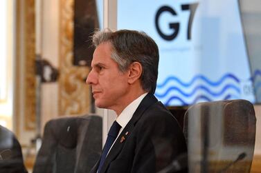 US Secretary of State Antony Blinken looks on during the start of the G7 foreign ministers meeting in London on May 4, 2021. G7 foreign ministers meet in London for their first face-to-face talks in more than two years today, with calls for urgent joined-up action to tackle the most pressing global threats. / AFP / POOL / Ben STANSALL