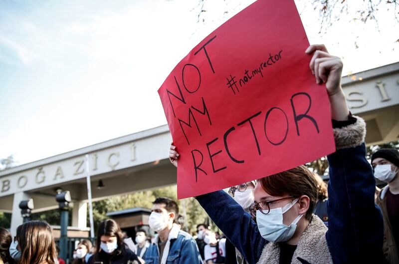 Students of Bogazici University hold a sign with the message 'Not My Rector'. Reuters