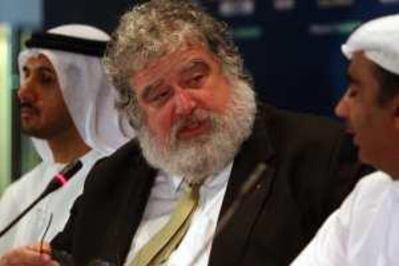 September 1 , 2009 / Abu Dhabi / Chuck Blazer speaks during a press conference announcing Abu Dhabi as the location of the Fifa Club World Cup while H.E. Abdullatif Al Sayegh, left, and Yousuf Abdullah look on during a press conference at the Emirates Palace in Abu Dhabi September 1 , 2009. ( Sammy Dallal / The National) *** Local Caption ***  sp02se-chucky8.jpg