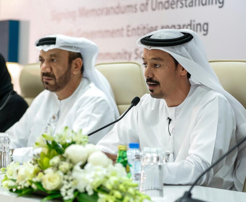 Abu Dhabi, U.A.E., September 30, 2018.  The signing of a memorandum of understanding with Government entities regarding “community schools” --(L-R) H.E. Mohamed Salem Al Dhaheri, ADEK Chairman's Advisor and Mr. Nasir Khamis, Extra Curricular Section Manager in charge of community schools projects, ADEK.
Victor Besa/ The National
Section:  NA
Reporter:  John Dennehy