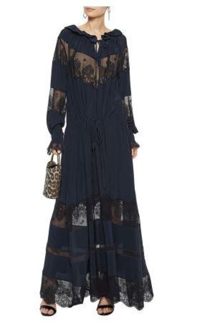 Stella McCartney Lace-paneled gathered silk crepe de chine maxi dress. The Outnet