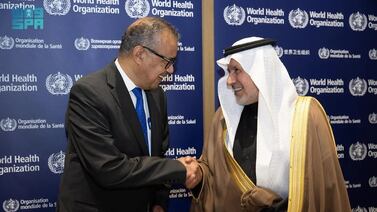 Dr. Abdullah bin Abdulaziz Al Rabeeah with Director General of the World Health Organization (WHO) Dr. Tedros Adhanom. SPA