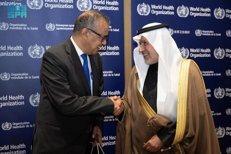 Dr. Abdullah bin Abdulaziz Al Rabeeah with Director General of the World Health Organization (WHO) Dr. Tedros Adhanom. SPA