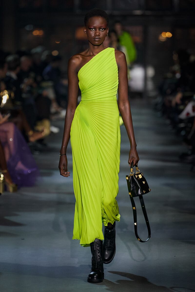 Pleats fan out from the hips at the Valentino spring/summer 2022 show