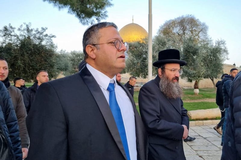 Israeli minister and Jewish Power party leader Itamar Ben-Gvir on a tour of Al Aqsa mosque compound on January 3, 2023. AFP