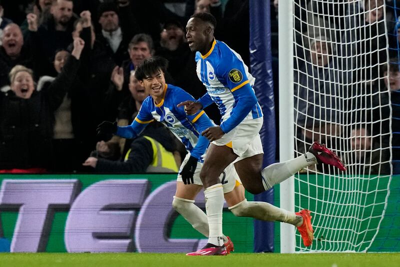 Brighton's Danny Welbeck celebrates after scoring the third goal in the 3-0  Premier League win against Liverpool at the Falmer Stadium on January 14, 2023. AP