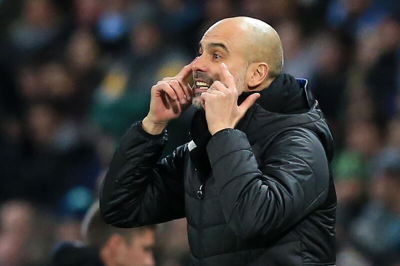 Manchester City's Spanish manager Pep Guardiola gestures on the touchline during the English Premier League football match between Manchester City and Leicester City at the Etihad Stadium in Manchester, north west England, on December 21, 2019. RESTRICTED TO EDITORIAL USE. No use with unauthorized audio, video, data, fixture lists, club/league logos or 'live' services. Online in-match use limited to 120 images. An additional 40 images may be used in extra time. No video emulation. Social media in-match use limited to 120 images. An additional 40 images may be used in extra time. No use in betting publications, games or single club/league/player publications.
 / AFP / Lindsey Parnaby / RESTRICTED TO EDITORIAL USE. No use with unauthorized audio, video, data, fixture lists, club/league logos or 'live' services. Online in-match use limited to 120 images. An additional 40 images may be used in extra time. No video emulation. Social media in-match use limited to 120 images. An additional 40 images may be used in extra time. No use in betting publications, games or single club/league/player publications.

