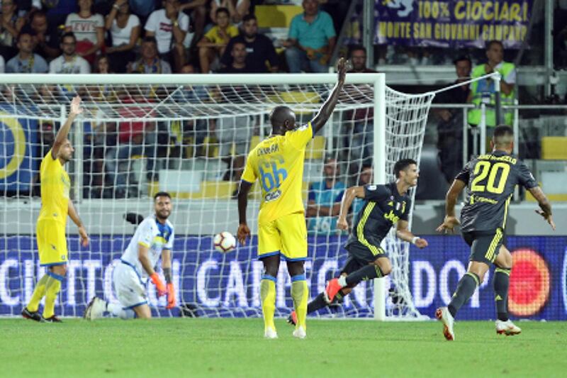 Cristiano Ronaldo turns to celebrate after scoring Juventu's first goal against Frosinone.  EPA