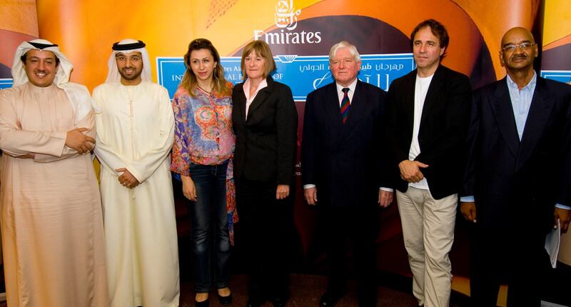Left to right is Saudi journalist Turki Al Dakhil, Saeed Al Nabouda the Chief Project Officer for Dubai Culture & Arts Authority, writer Nahed Al Shawa, Isobel Abulhoul the Director of Emirates Airline International Festival of Literature, Maurice Flanagan the Executive Vice Chairman of Emirates Airline, writer Anthony Horowitz and writer Mekkawi Said pose for photographers at a Press Conference on Wednesday, November 12, 2008 in Dubai, UAE about the upcoming Emirates Airline International Festival of Literature to be held Feb.26 - Mar. 1, 2009. Photo: Charles Crowell for The National 