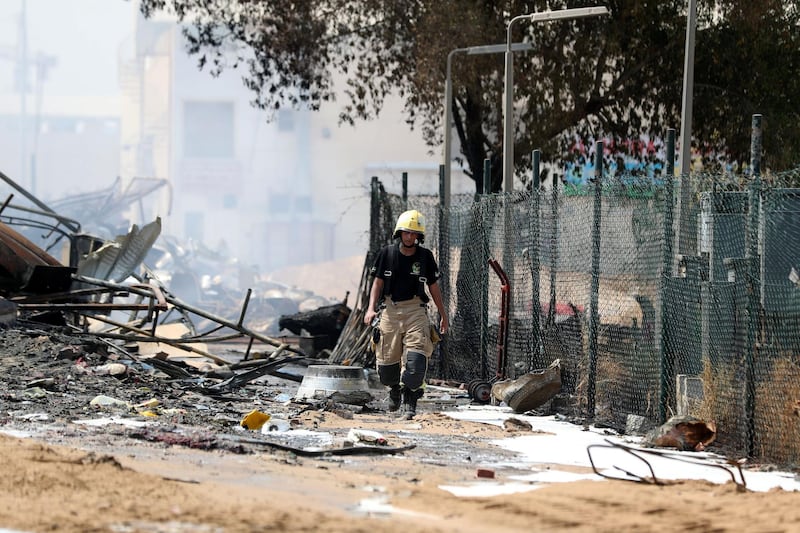 Ajman, United Arab Emirates - Reporter: Salam Al Amir. Firefighters put out the blaze after a huge fire breaks out in Ajman. Thursday, August 6th, 2020. Ajman. Chris Whiteoak / The National