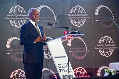 DUBAI, UNITED ARAB EMIRATES,  Febuary 24, 2013. Kofi Atta Annan, the seventh Secretary-General of the United Nations, speaks at the first day of the Government Communication Forum, Sharjah Media, held at the Sharjah Expo Center from the 24th to the 25th of February. (ANTONIE ROBERTSON / The National)
