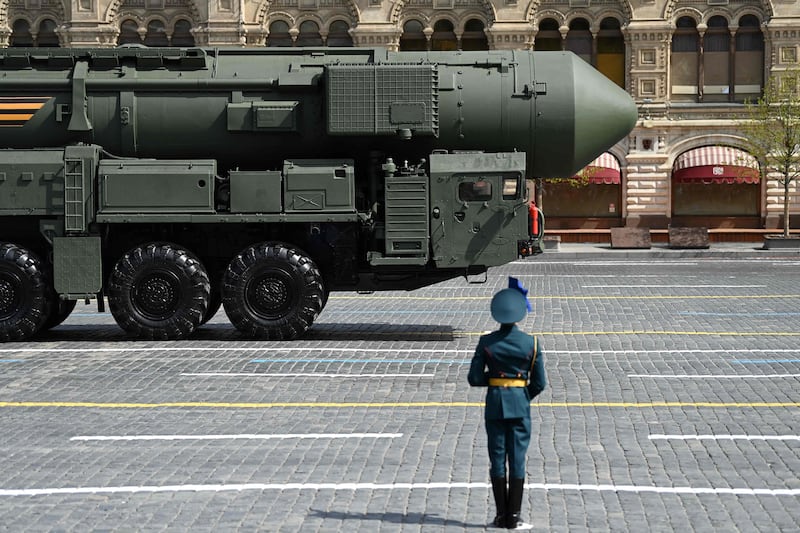 A Russian Yars intercontinental ballistic missile launcher parades through Red Square. AFP