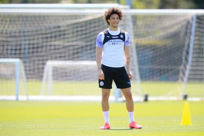 MANCHESTER, ENGLAND - MAY 25: Manchester City's Leroy Sane in action during training at Manchester City Football Academy on May 25, 2020 in Manchester, England. (Photo by Tom Flathers/Manchester City FC via Getty Images)