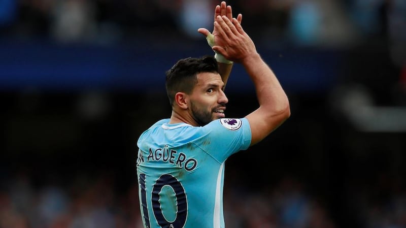Manchester City's Sergio Aguero celebrates scoring in the 5-0 win over Crystal Palace. The Argentine striker has been injured in a car accident, the club have confirmed. Jason Cairnduff / Reuters