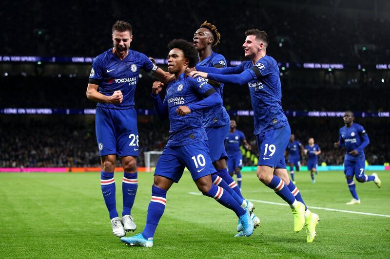 LONDON, ENGLAND - DECEMBER 22: Willian of Chelsea celebrates after scoring his sides second goal   during the Premier League match between Tottenham Hotspur and Chelsea FC at Tottenham Hotspur Stadium on December 22, 2019 in London, United Kingdom. (Photo by Julian Finney/Getty Images)