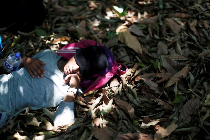 A man belonging to a caravan of migrants from Honduras en route to the United States, sleeps in a forest by a highway in Tuxtla Chico, Mexico. Reuters