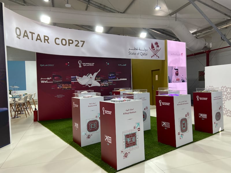 Qatar's large pavilion includes a section on its hosting of the World Cup
