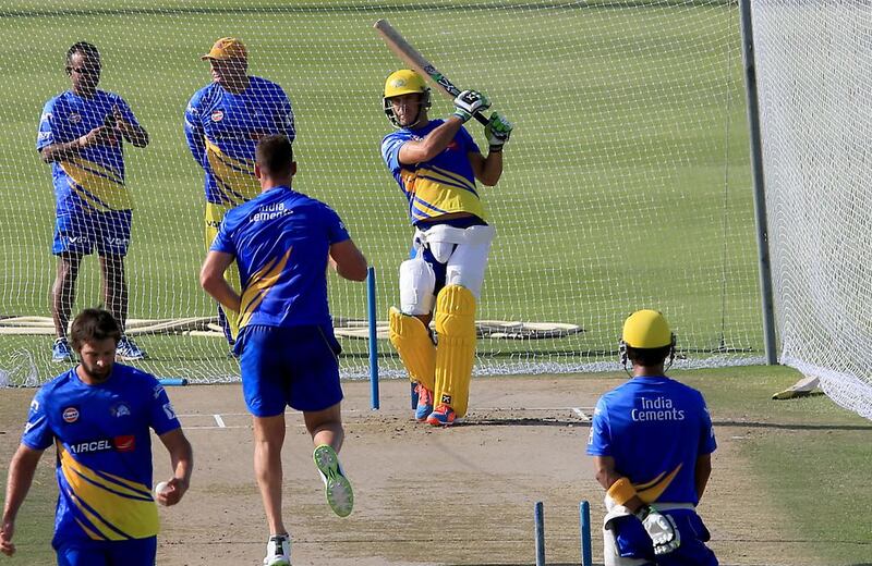 Chennai Super Kings have brought in players such as Francois du Plessis, here taking some net batting practice at Zayed Cricket Stadium in Abu Dhabi on Monday, to try and capture the IPL crown. Ravindranath K / The National