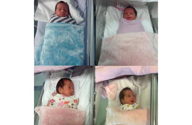 The four healthy girls, delivered at Al Rahba Hospital in Abu Dhabi on Sunday, were named Fatima, Shamsa, Aisha and Sheikha by proud father Abdulaziz Awad and his wife. Photo courtesy Al Rahba Hospital