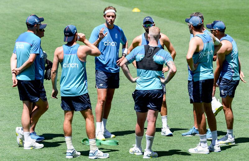 Stuart Broad talks to teammates during a training session at the Adelaide Ova. AFP