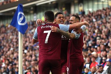 BRIGHTON, ENGLAND - NOVEMBER 13: Danny Ings of Aston Villa celebrates with scoring their side's second goal during the Premier League match between Brighton & Hove Albion and Aston Villa at American Express Community Stadium on November 13, 2022 in Brighton, England. (Photo by Christopher Lee / Getty Images)