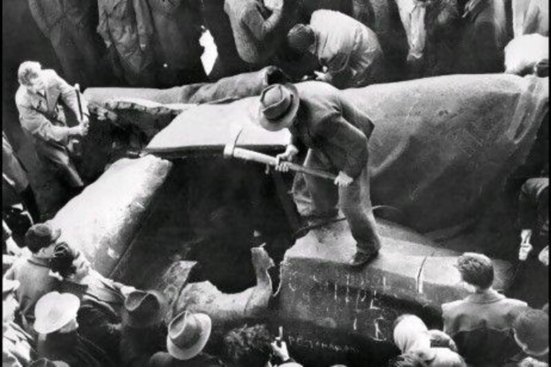 Residents of Budapest destroy a huge statue of Joseph Stalin during the Hungarian Revolution of 1956. AFP