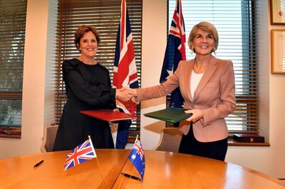 Mandatory Credit: Photo by MICK TSIKAS/EPA-EFE/Shutterstock (9795818c)
Britain's High Commissioner Menna Rawlings (L) and Australian Minister for Foreign Affairs Julie Bishop (R) shakes hands after signing a British-Australian nuclear agreement at Parliament House in Canberra, Australia, 21 August 2018. The agreement is the first free trade agreement between Australia and Britain since the Brexit vote.
Nuclear agreement signed between Britain and Australia, Canberra - 21 Aug 2018