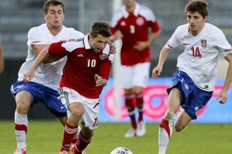 Denmark's Andreas Laudrup, centre, playing in the European Under 21 football championship.