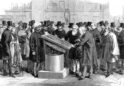 A drawing of a 19th-century International Congress of Orientalists examining the Rosetta Stone. Wikimedia Commons 