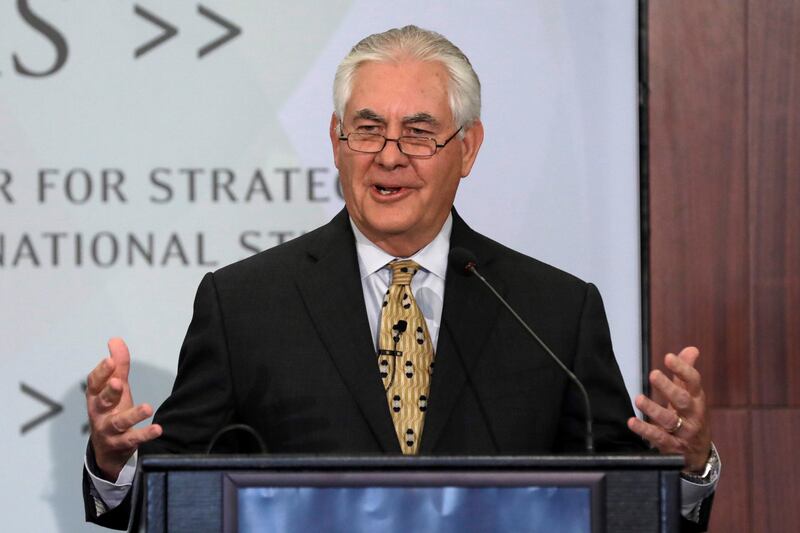 U.S. Secretary of State Rex Tillerson delivers remarks on Relationship with India for the Next Century at the Center for Strategic and International Studies (CSIS) in Washington, U.S., October 18, 2017. REUTERS/Yuri Gripas