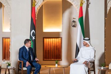 Sheikh Mohamed bin Zayed, Abu Dhabi's Crown Prince and Deputy Supreme Commander of the Armed Forces, meets the new prime minister of Libya’s Government of National Unity, Abdul Hamid Dbeibeh, at Qasr Al Hosn in Abi Dhabi, April 7, 2021. Wam