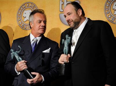 Tony Sirico and James Gandolfini hold their awards for Best Ensemble in a Drama for their work in 'The Sopranos' at the 14th Annual Screen Actors Guild Awards in 2008. AP