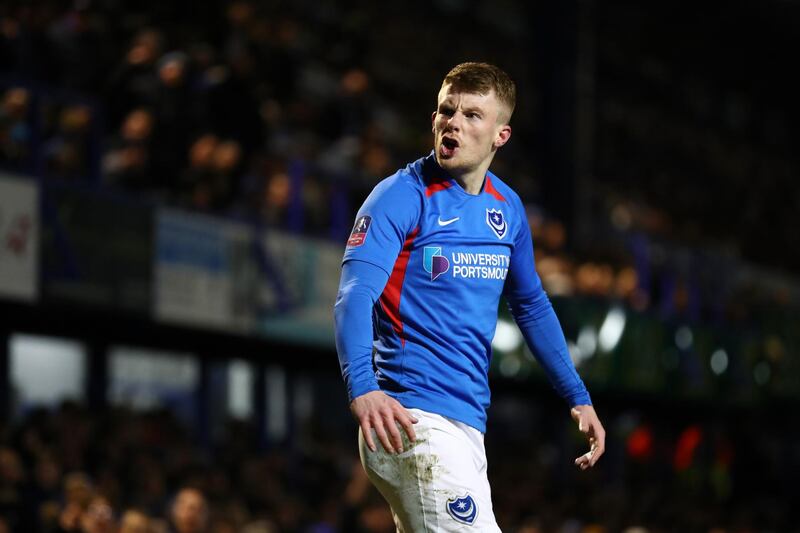 PORTSMOUTH, ENGLAND - MARCH 02: Andy Cannon of Portsmouth FC reacts during the FA Cup Fifth Round match between Portsmouth FC and Arsenal FC at Fratton Park on March 02, 2020 in Portsmouth, England. (Photo by Dan Istitene/Getty Images)