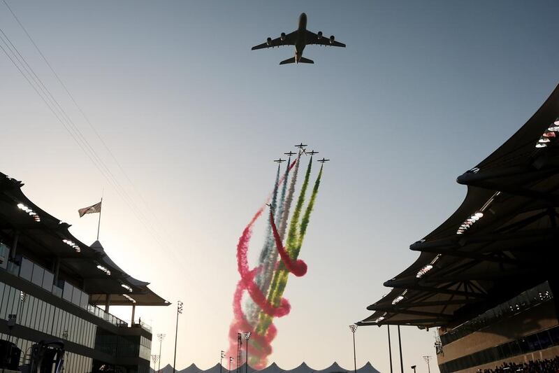 Etihad Airways and Al Fursan fly over ahead of the Abu Dhabi Formula One Grand Prix at Yas Marina Circuit in Abu Dhabi on November 27, 2016. Christopher Pike / The National