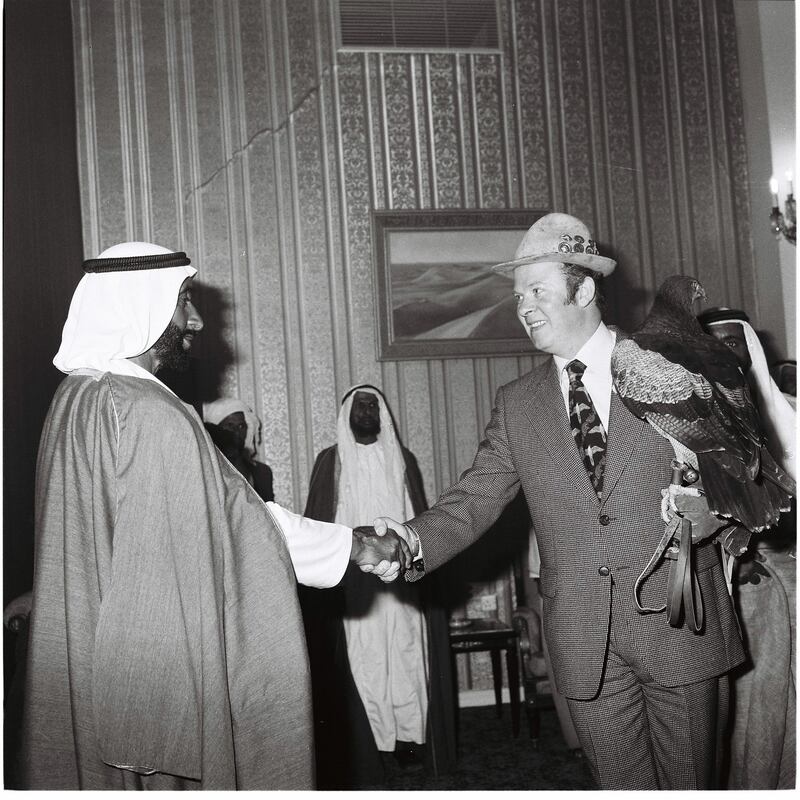 An image from the Itihad archive. Courtesy Al Itihad.
Abu Dhabi, UAE. 1976. Sheikh Zayed attending a falconry conference. *** Local Caption ***  000046.JPG