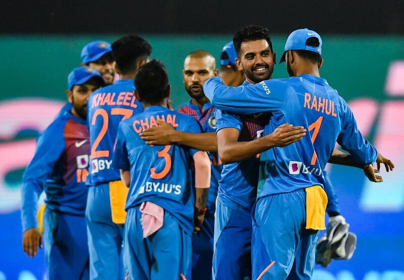 Indian bowler Deepak Chahar (2R) celebrates with teammates after taking the wicket of Bangladesh batsman Mustafizur Rahman during the third T20 International cricket match between Bangladesh and India at the Vidarbha Cricket Association Stadium in Nagpur on November 10, 2019. IMAGE RESTRICTED TO EDITORIAL USE - STRICTLY NO COMMERCIAL USE
 / AFP / PUNIT PARANJPE / IMAGE RESTRICTED TO EDITORIAL USE - STRICTLY NO COMMERCIAL USE
