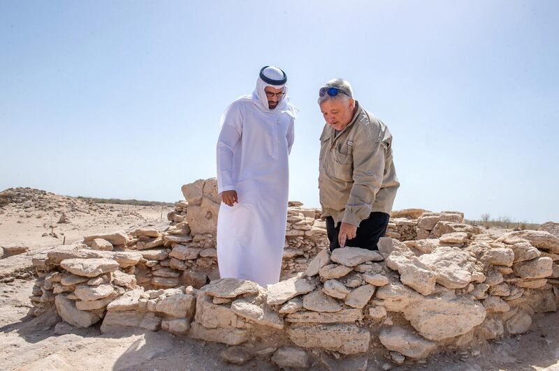 Mohamed Al Mubarak, chairman of the Department of Culture and Tourism Abu Dhabi, inspects the new discoveries on Marawah Island. Courtesy Department of Culture and Tourism - Abu Dhabi