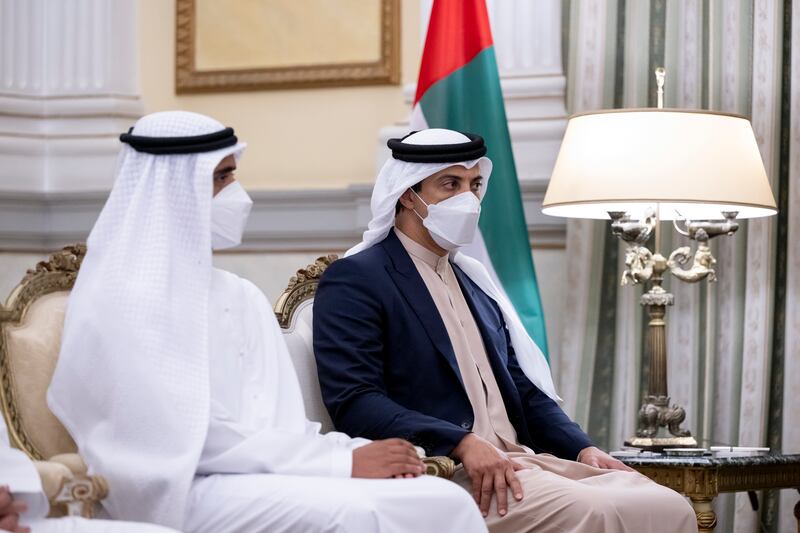 Sheikh Zayed bin Mohamed and Sheikh Mansour bin Zayed, Deputy Prime Minister and Minister of Presidential Affairs, attend a meeting with Ms Sakellaropoulou at the Presidential Mansion.