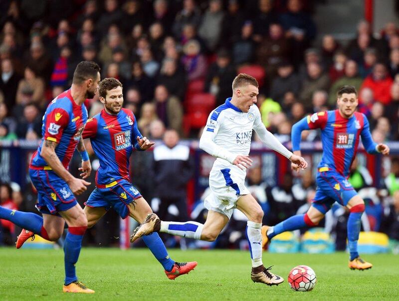 Leicester City’s Jamie Vardy (2-R) in action during the Premier League match between Crystal Palace and Leicester City at Sellhurst Park in London, Britain, 19 March 2016. Leicester won 1-0. EPA/FACUNDO ARRIZABALAGA