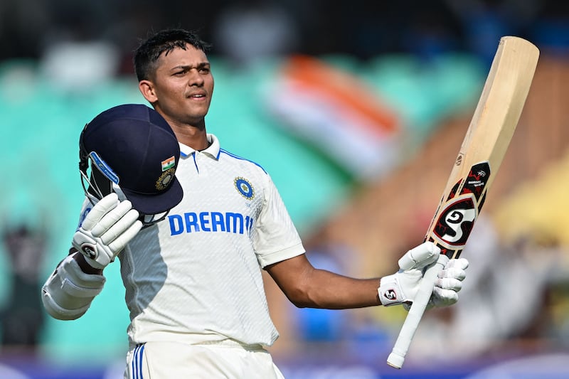 India's Yashasvi Jaiswal celebrates after reaching his century during the third day of the third Test against England at the Niranjan Shah Stadium in Rajkot on Saturday, February 17, 2024. AFP