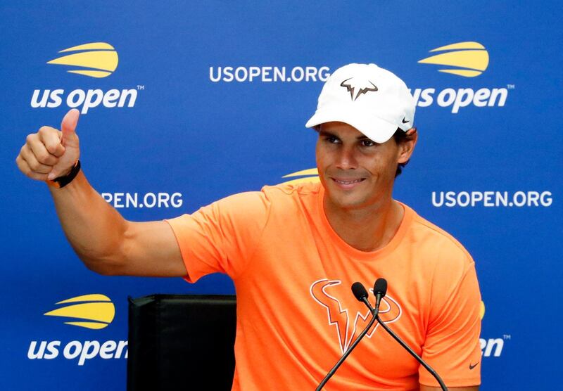 epa06969552 Spanish tennis player Rafael Nadal addresses the media during media day inside Armstrong stadium at the 2018 US Open Tennis Championships at the USTA National Tennis Center in Flushing Meadows, New York, USA, 24 August 2018.  EPA/JASON SZENES