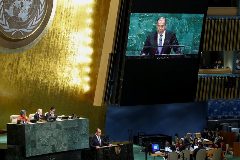 Russian Foreign Minister Sergei Lavrov addresses the 73rd session of the United Nations General Assembly at U.N. headquarters in New York, U.S., September 28, 2018. REUTERS/Eduardo Munoz