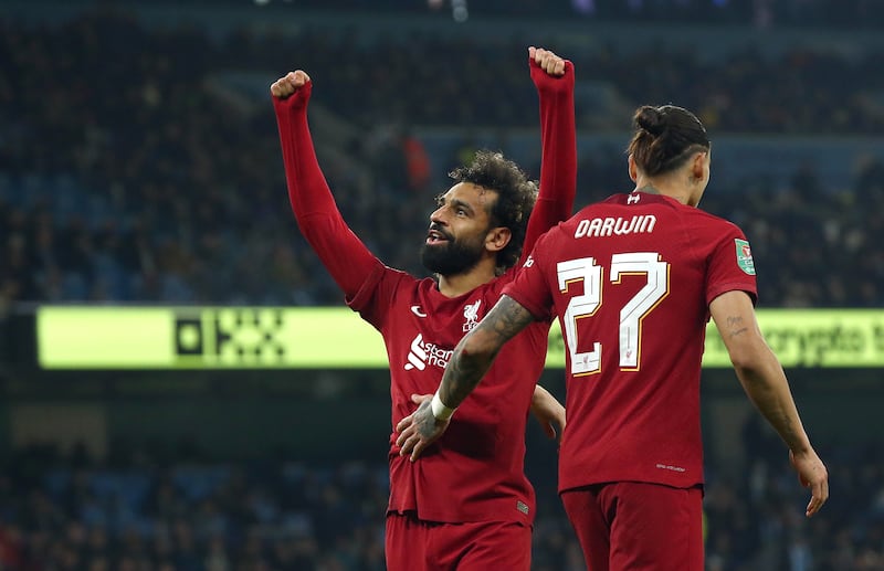 Mohamed Salah of Liverpool after scoring the equaliser at the Etihad Stadium. EPA