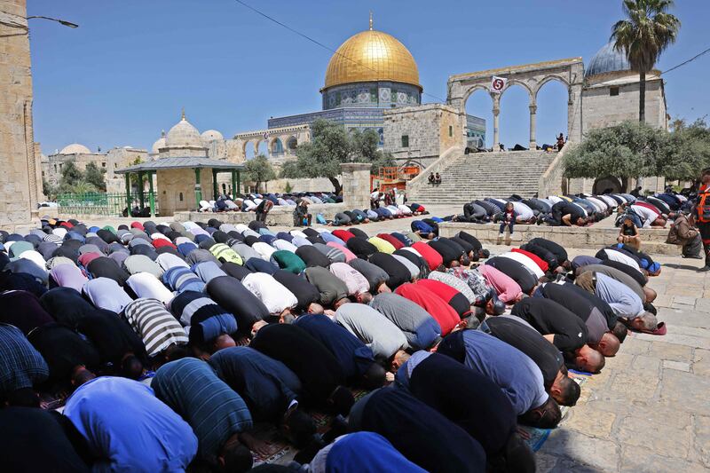 Worshippers during Friday prayers at Al Aqsa Mosque compound. AFP